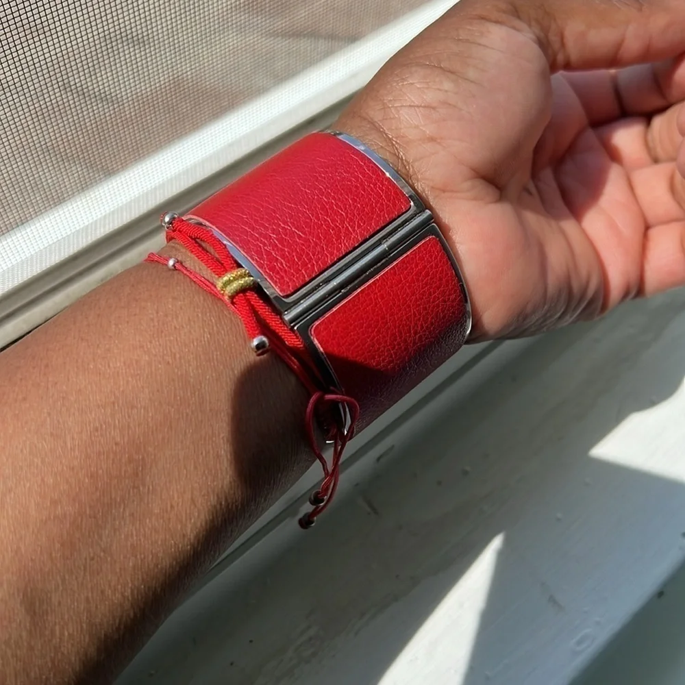 Adjustable red leather and silver hinged bracelet